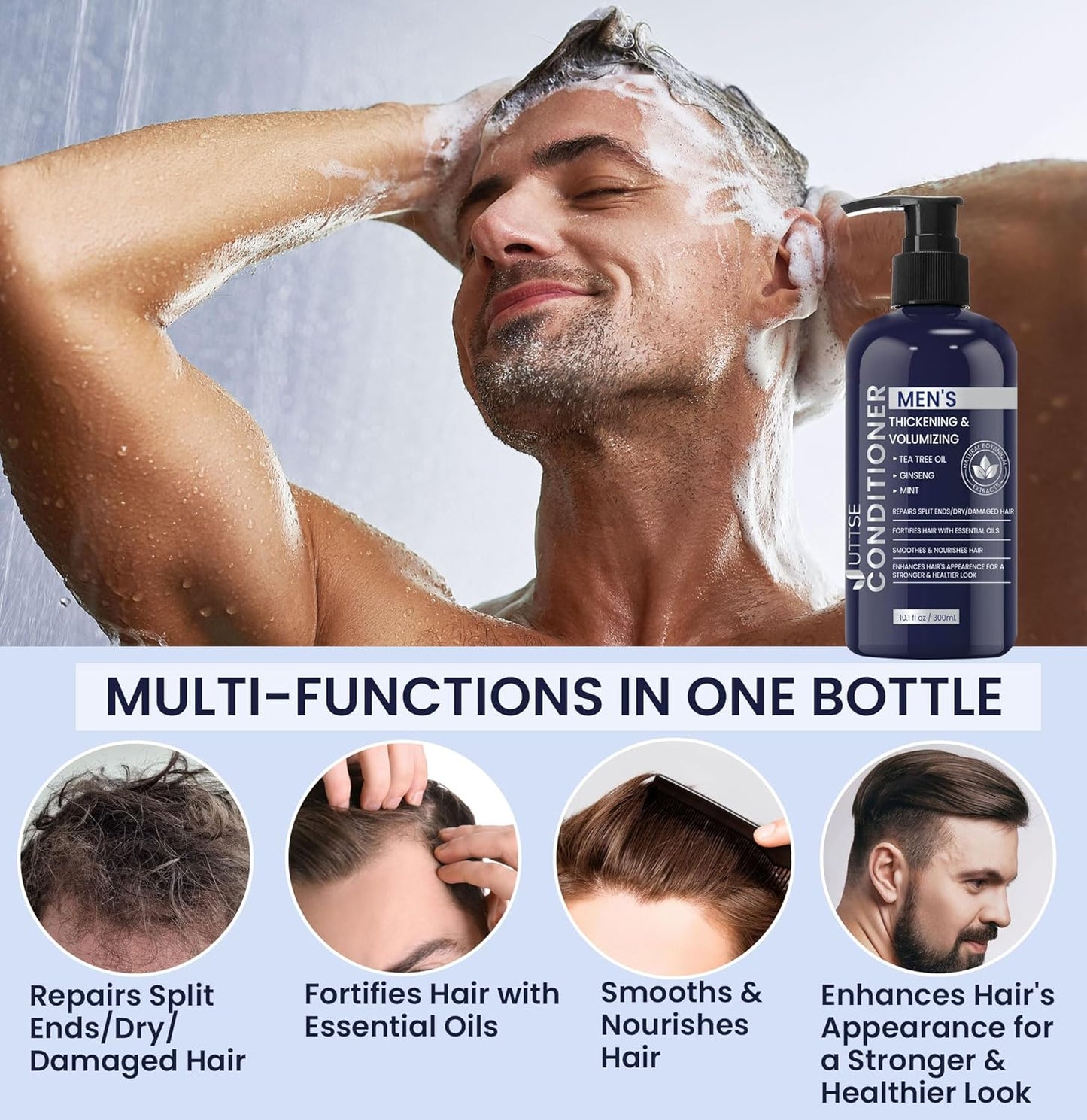 Biotin Hair Growth Conditioner for Men: Natural Thickening and Volumizing Conditioner with Tea Tree Oil Ginseng Mint for Hair Loss and Thinning Hair - 10.1 fl.oz, Dark Blue