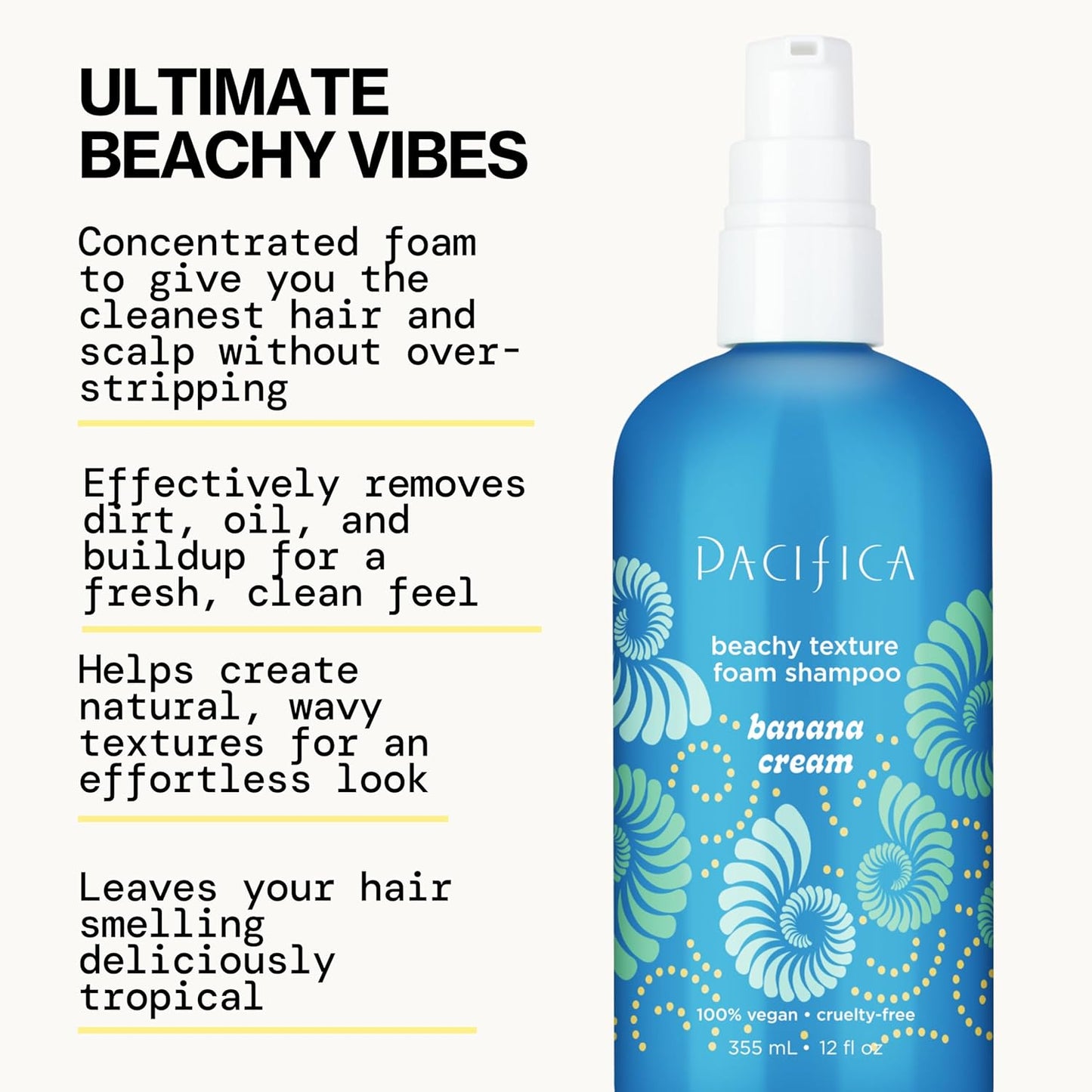 Pacifica Banana Cream Beachy Texture Foam Shampoo – Texturizing Foaming Shampoo for Beachy Waves, Adds Volume & Tousled Look, Sulfate-Free Deep Clean Beauty Vegan & Cruelty-Free Dermatologist Tested