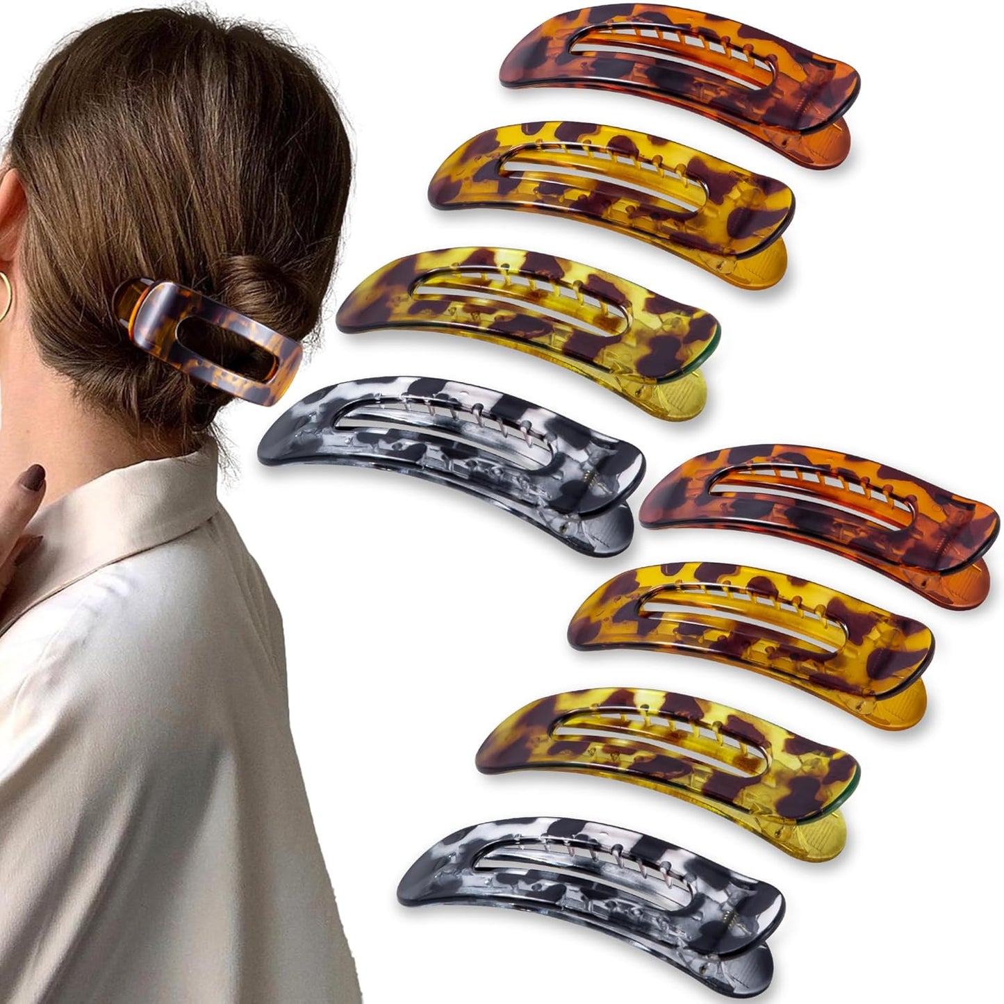 8 Pcs Large Lay Flat Claw Clips for Women French Side Slide Barrettes for Thin Fine Hair Rectangle Alligator Hair Accessories,Bright Tortoiseshell