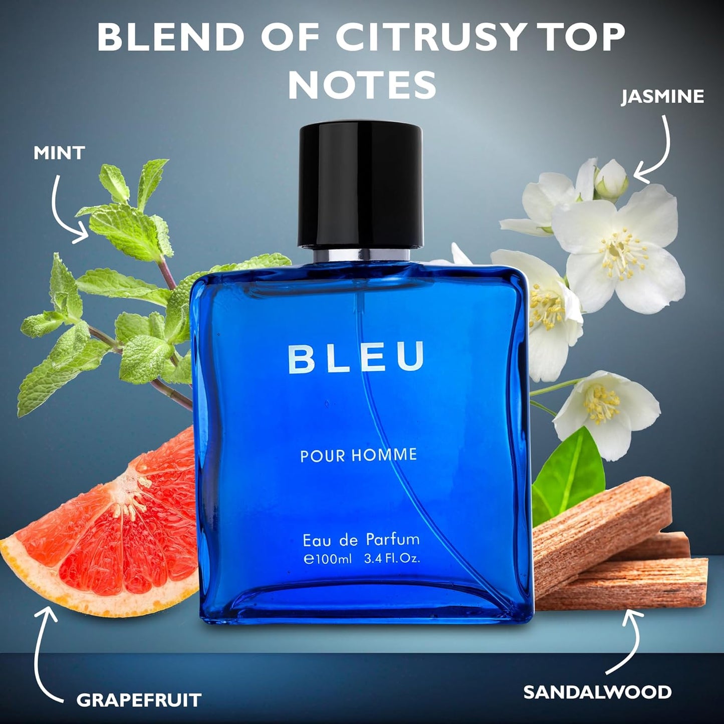 Bleu for Men Eau De Parfum - Blend of Citrusy Top Notes, Aromatic Spices & Warm Woody Undertones - Combination of Grapefruit, Lemon, Mint & Pink Pepper - Elegant 3.4fl Oz Bottle - Versatile Gift
