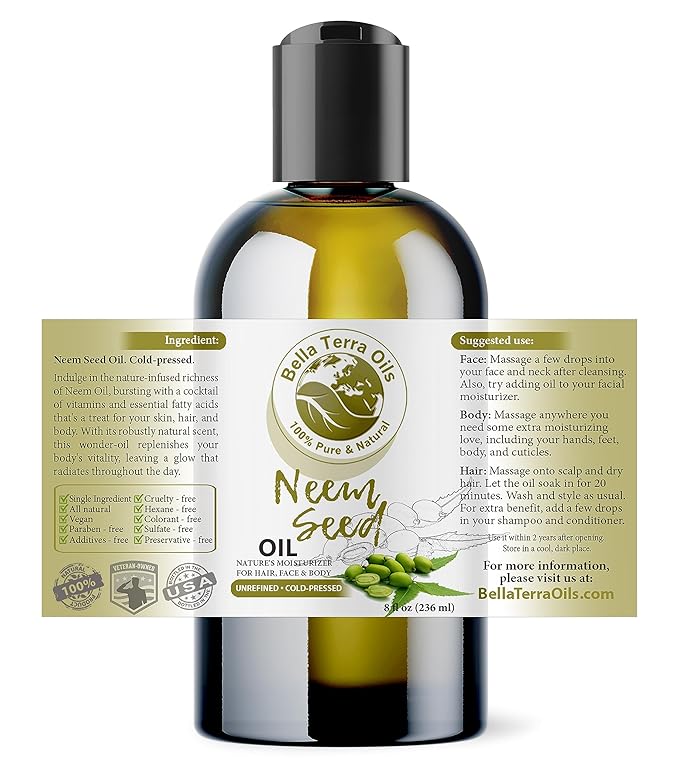 Bella Terra Oils - Organic Neem Seed Oil 8oz - Embrace Organic Neem's Richness, Packed with Azadirachtin & Nimbolide, Elevate Your Skin's Natural Glow