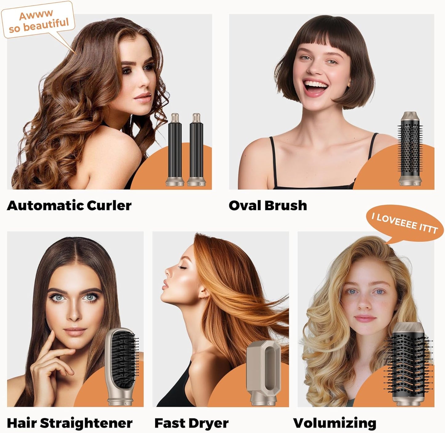 6 in ONE Hair Dryer Brush, Blow Dryer Curling Wand Hair Styling Tools Set, Ionic Hot Air Massage Oval Blowout Hair Dryer, Left&Right Hair Styler 100-120V