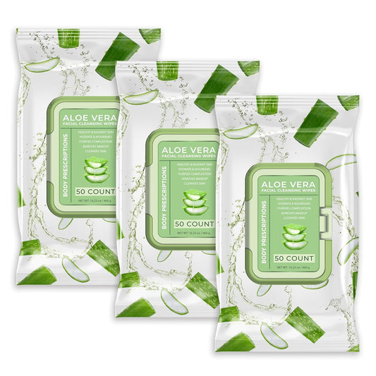 Body Prescription Makeup Cleansing Wipes - Gentle and Effective Face Wipes, 50 Count (Pack of 3), Aloe Vera