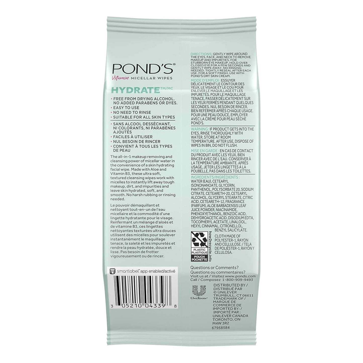 Pond's Vitamin Micellar Wipes For Dry Skin Hydrate Aloe Vera Removes Waterproof Makeup 25 Wipes (Pack of 2)