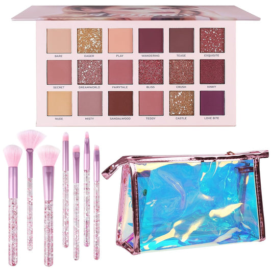 UCANBE Makeup Kit for Women & Teens,18 Colors Nude Eyeshadow +7pcs Soft Makeup Brushes + Pink Cosmetic Bag Makeup Sets, Shimmer Matte Glitter Makeup Palettes Set for Girls Beginners & Professional