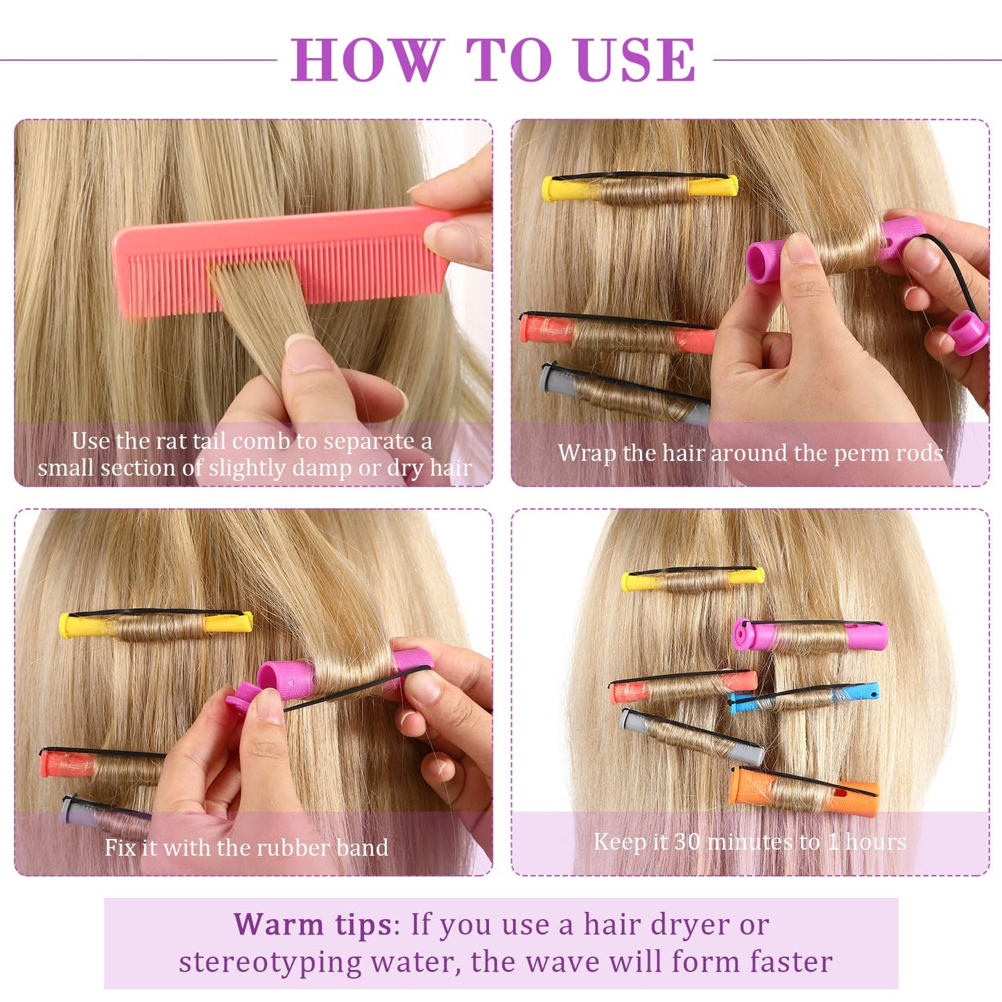 WILLBOND 72 Pieces Hair Perm Rods Set, Short Plastic Perming Rods Cold Wave Roller 6 Sizes Hair Curling Rollers with 1 Piece Steel Pintail Comb for Hairdressing Styling (Long)