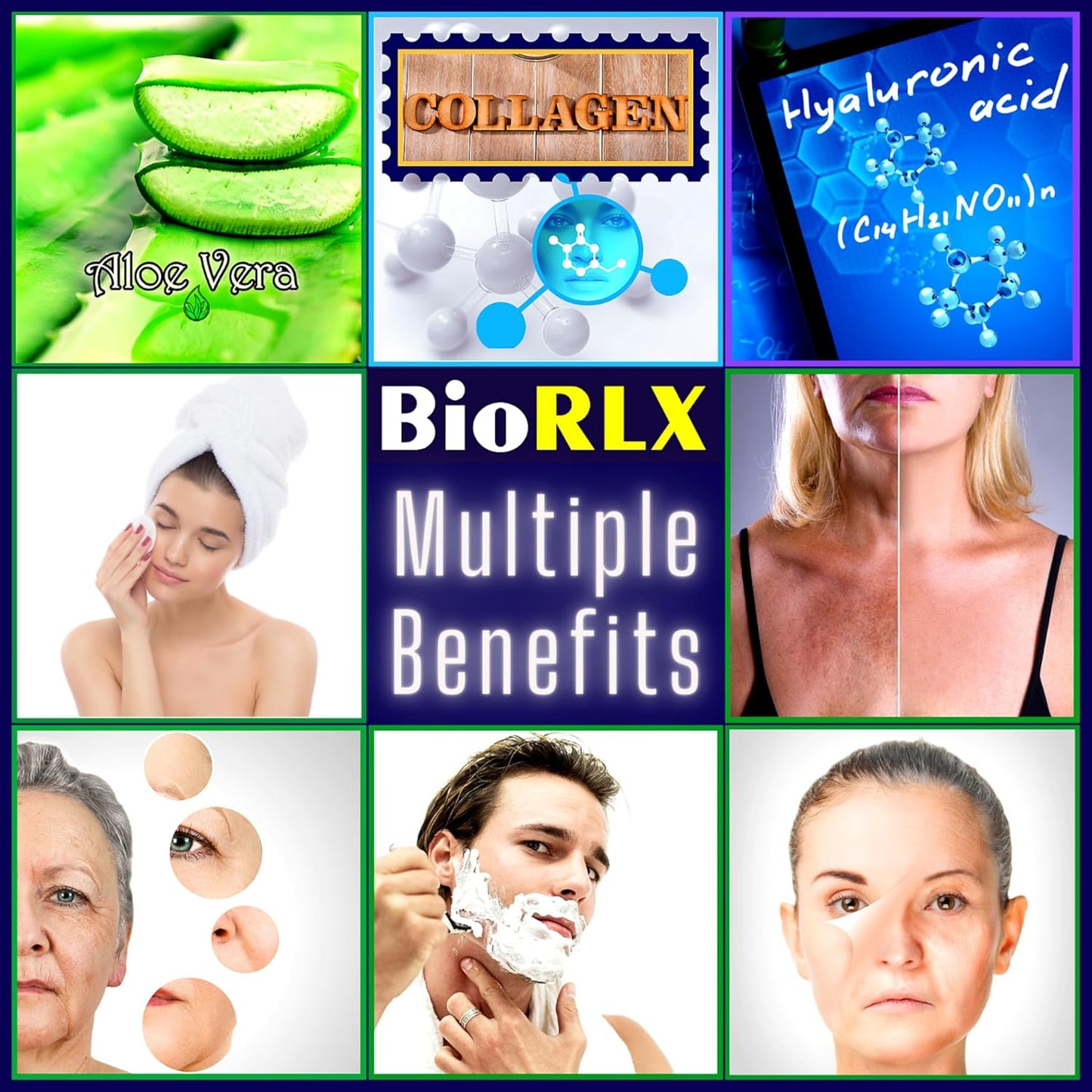 BioRLX 99% Aloe Vera Gel with Collagen and Hyaluronic Acid 250 Ml 8.5 Fl Oz - For Face Body, Hair & Scalp, After Sun Relief, Natural, Soothing, Hydrating