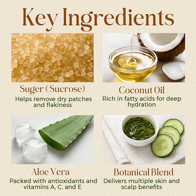 Scalp and Body Scrub – Exfoliating Sugar Cleanser with Coconut Oil, Menthol & Aloe – Dual-Use Polisher for Dry Skin & Flaky Scalp – Soothing, Cooling & Hydrating - INFINA ESSENTIALS | 8.45 fl oz