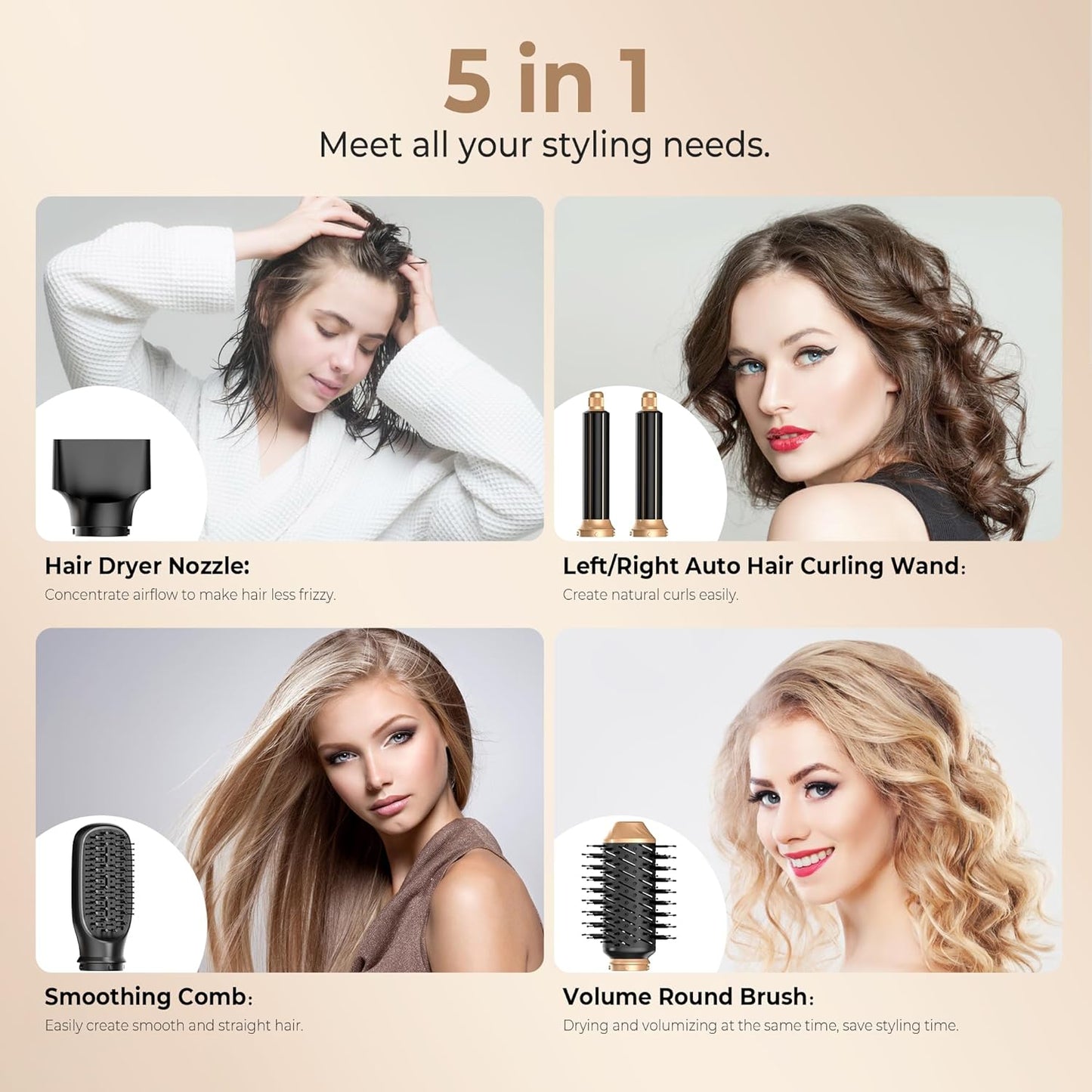 Blow Dryer Brush,5 in 1 Hair Dryer Brush with Detachable Air Styler,Negative Ionic Hair Dryer with Attachments for Women Volumizer,Straightener,Drying