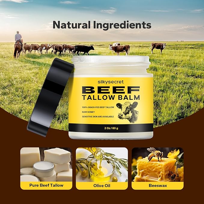Beef Tallow Balm (2 Oz), Natural Tallow & Honey Blend, Nourishing Face & Body Moisturizer for Dry, Sensitive Skin, Hydrating Skin Balm