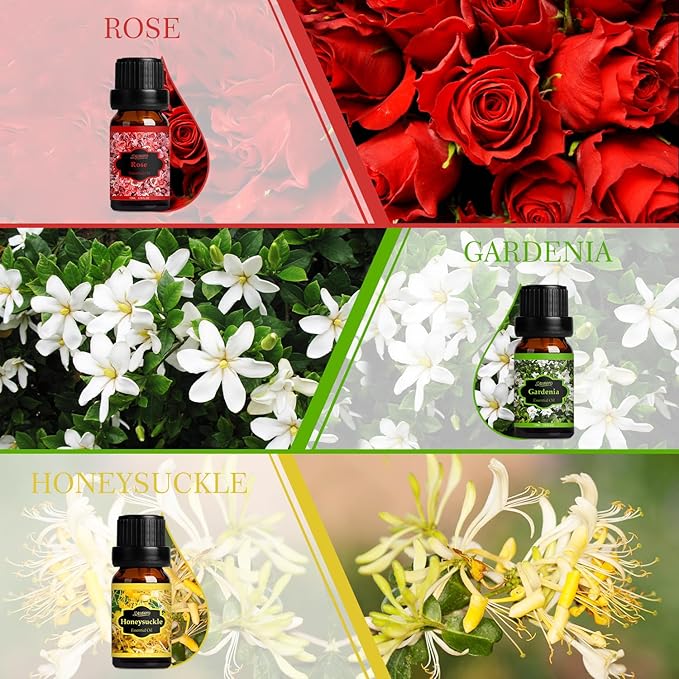 SALUBRITO Floral Fragrance Oils Set, Essential Oils for Diffuser & Candle Making Scents, 6x10ml Aromatherapy Oils Gift Set - Jasmine, Lavender, Rose, Gardenia, Cherry Blossom, Honeysuckle Oil