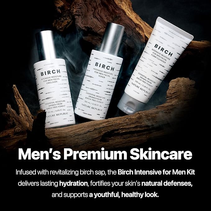 Nature Republic Birch Intensive for Men Skin Care Kit, Face Wash & Moisturizer for Hydrated Skin, Facial Toner (4.05 Fl.Oz) Emulsion (4.05 Fl.Oz) Cleaner (3.38 Fl.Oz), Korean Gift Sets