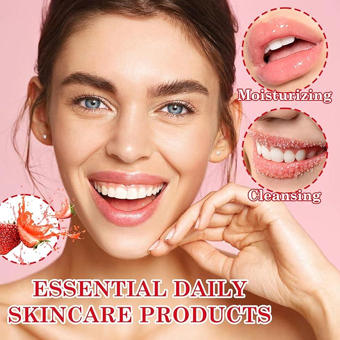 2 Pack Strawberry Lip Scrub Set,Long Lasting Moisturizing Lip Scrubber Exfoliator, Cleansing Hydrating Lip Exfoliator Scrub and Moisturizer Kit for Chapped Dry Lips