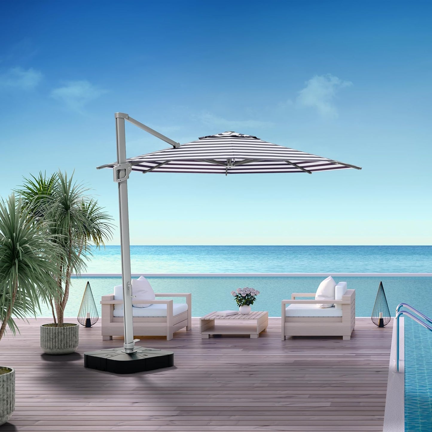 Midtown Umbrellas 10 Ft Outdoor Cantilever Patio Umbrella w/Terylast Navy Stripes Fabric - Rotate 360° Offset Patio Umbrella, Deck Patio Umbrella, Backyard Umbrella & Garden Umbrella - Silver Frame