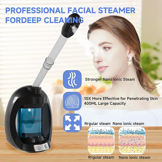 Facial Steamer-Nano Ionic Face Steamer for Facial Deep Cleaning, Vaporizador Steamer for Esthetician, Professional Facial Steamer for Home Facial Spa. (Black)