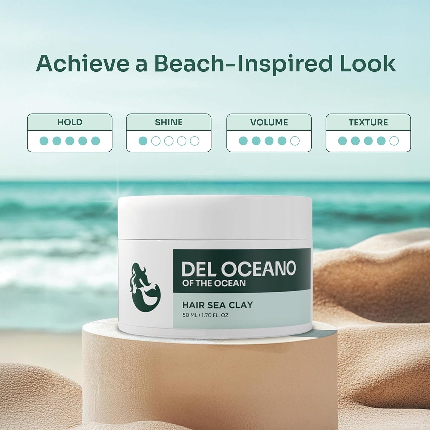 Del Océano Hair Styling Sea Clay - Strong Hold, Matte Finish, Nourishing Formula Hair Clay for Men, Ideal for Hairstyling Medium, Messy, Fine Thinning Hair Styles, 2.7 oz