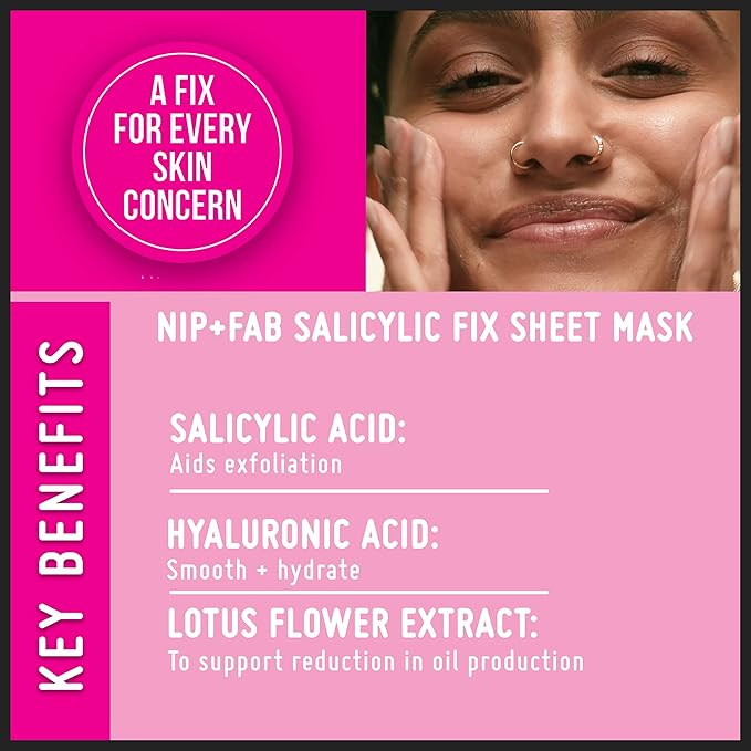 Nip + Fab Salicylic Acid Fix Sheet Mask for Face, Hyaluronic Acid, Lotus Flower BHA Facial Mask, Multi, 0.8 Fl Oz