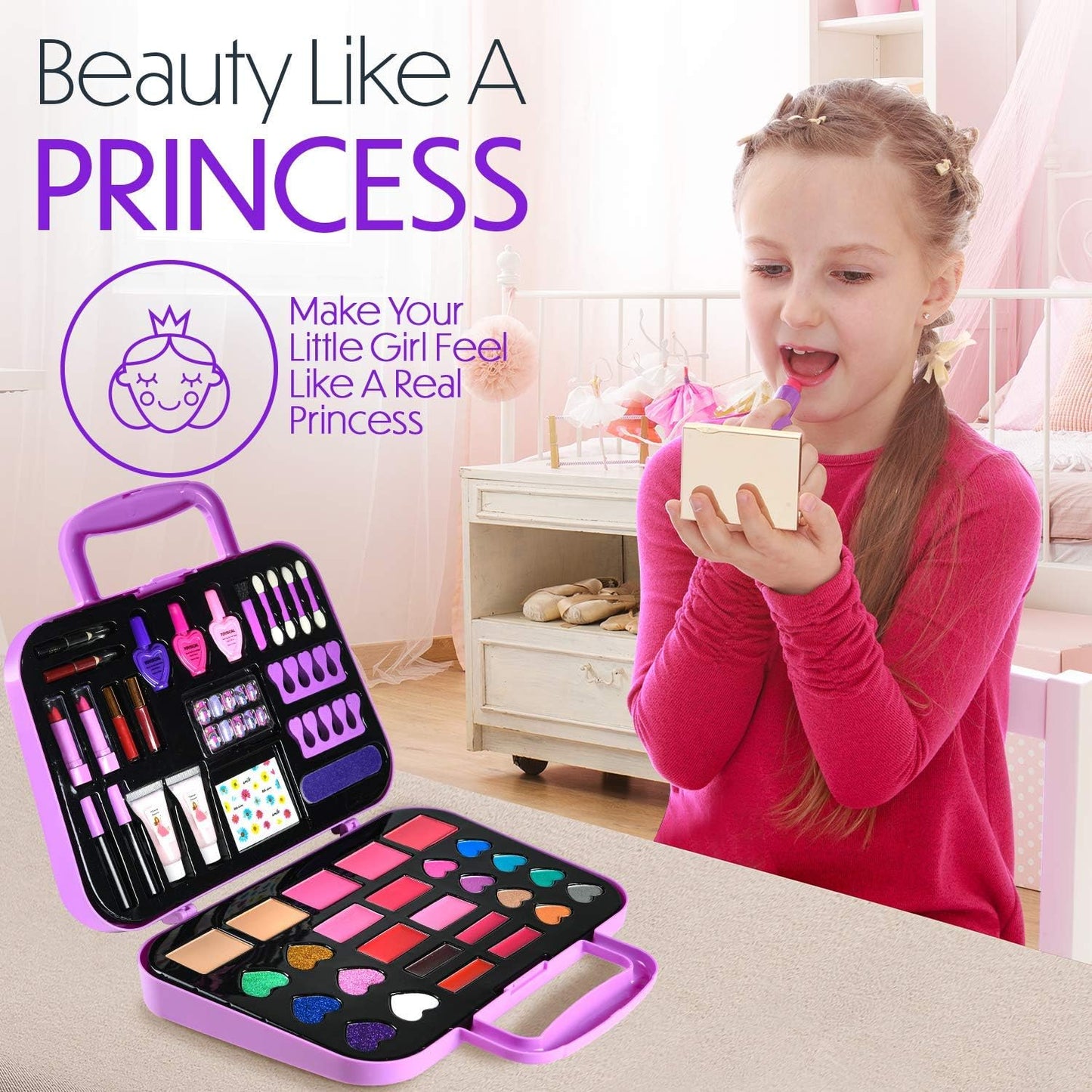 Toysical Kids Makeup Kit, 51 PCS Pretend Play Set for Kids, Real Makeup Toys for Girls, Non Toxic, Princess Toys for Girls, Birthday Gift for 3 4 5 6 7 8 9 10 Years Old Children