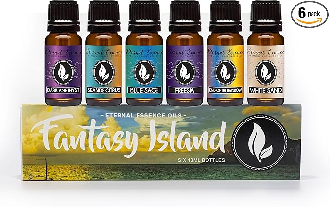 Eternal Essence Oils Fantasy Island Set of 6 Premium Fragrance Oils - Includes Freesia, Dark Amethyst, Blue Sage, End of The Rainbow, White Sand, and Seaside Citrus Scented Oils - 10ML
