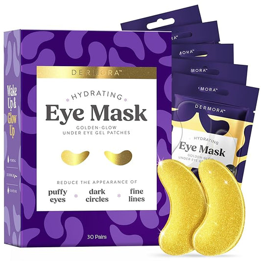DERMORA Golden Glow Under Eye Patches (30 Pairs Eye Gels) - Rejuvenating Treatment for Dark Circles, Puffy Eyes, Refreshing, Revitalizing, Travel, Wrinkles