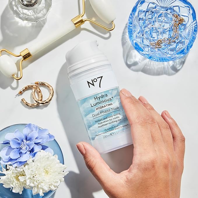 No7 HydraLuminous+ Hydrating Dual Phase Face Mask - Hyaluronic Acid Overnight Face Mask with Vitamin B3 Niacinamide for Skin Barrier Repair & Radiant-Looking Skin (3.5 Fl Oz)