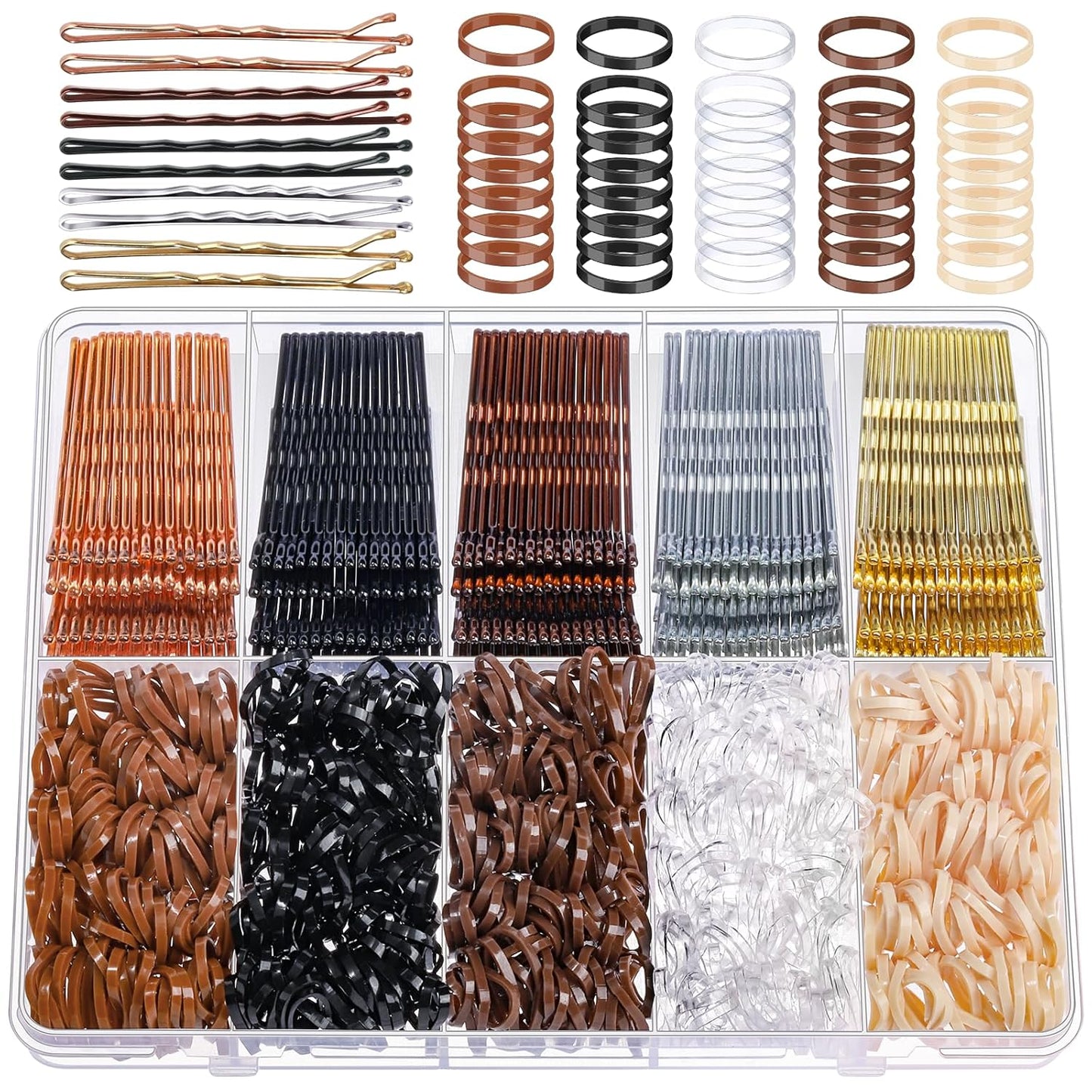 YGDZ 750PCS Bobby Pins for Women, 250PCS 2Inch Hair Pins for Brown Hair, Black, Blonde Hair, 500PCS Elastic Hair Ties Neutral Colors, Bobby Pins Set with Box, Hair Accessories for Women, Girls