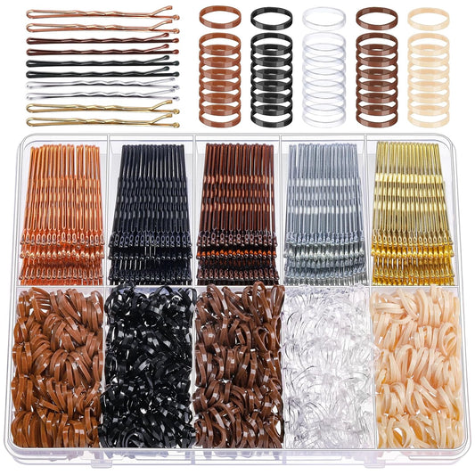 YGDZ 750PCS Bobby Pins for Women, 250PCS 2Inch Hair Pins for Brown Hair, Black, Blonde Hair, 500PCS Elastic Hair Ties Neutral Colors, Bobby Pins Set with Box, Hair Accessories for Women, Girls