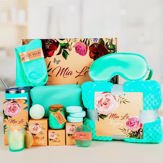 16 pcs Luxury Relaxing Spa Gift Basket Set - Perfect for Birthdays, Christmas, Get Well, Thank You, Bridal Shower, Gifts for Women & Men. Includes Bath Bombs (16 pcs, Turquoise)