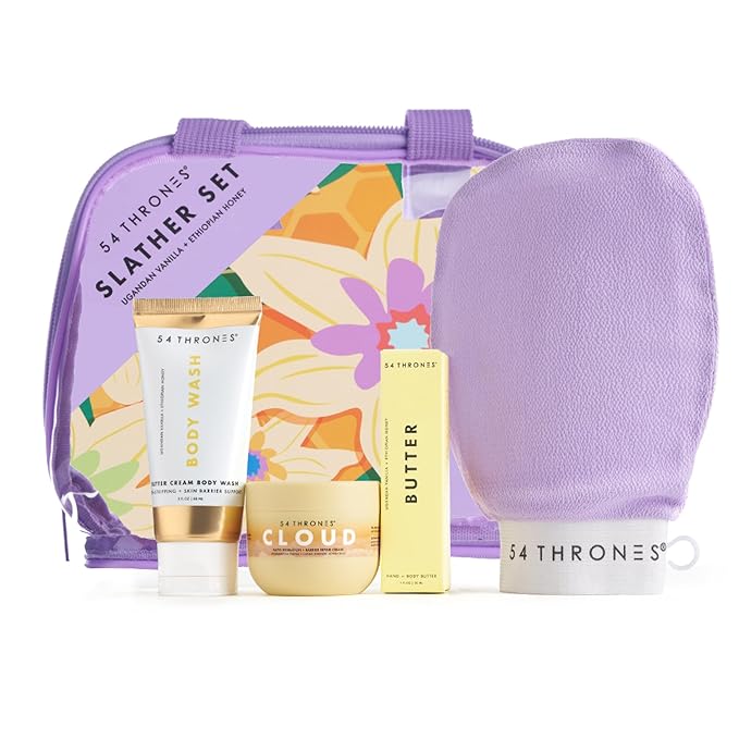 4-Piece Bodycare Set, Clear Makeup Bag, Tsa Approved Toiletry Bag, Butter Cream Body Wash, Barrier Repair Cloud Cream, African Beauty Butter & Kessa Exfoliating Mitt