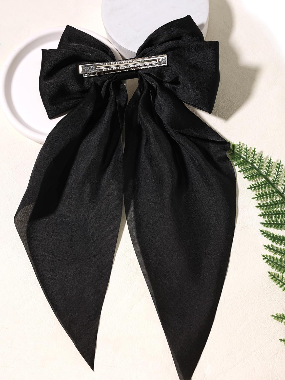 Furling Pompoms Hair Bow Clips, 3pcs Big Bows for Girls with Metal Clip Long Tail, Hair Barrettes Ribbon Women Hair Accessories in Black, Red, Yellow