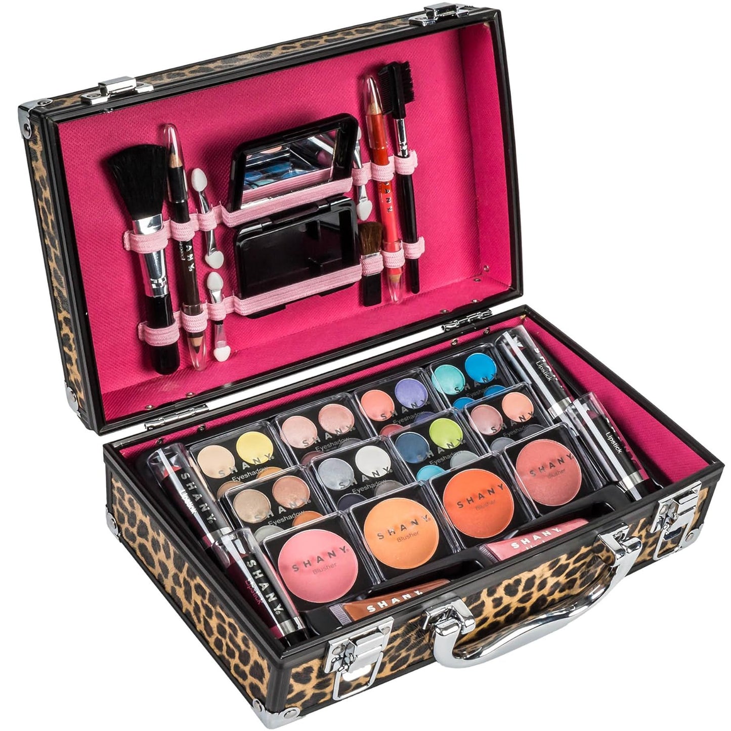 SHANY Carry All Make up Train Case with Pro Makeup Set, Beauty Brushes, Lipsticks, Eye Shadows, Blushes, Powders, and more - Reusable Cosmetics Storage Organizer - Premium Gift Packaging - Leopard