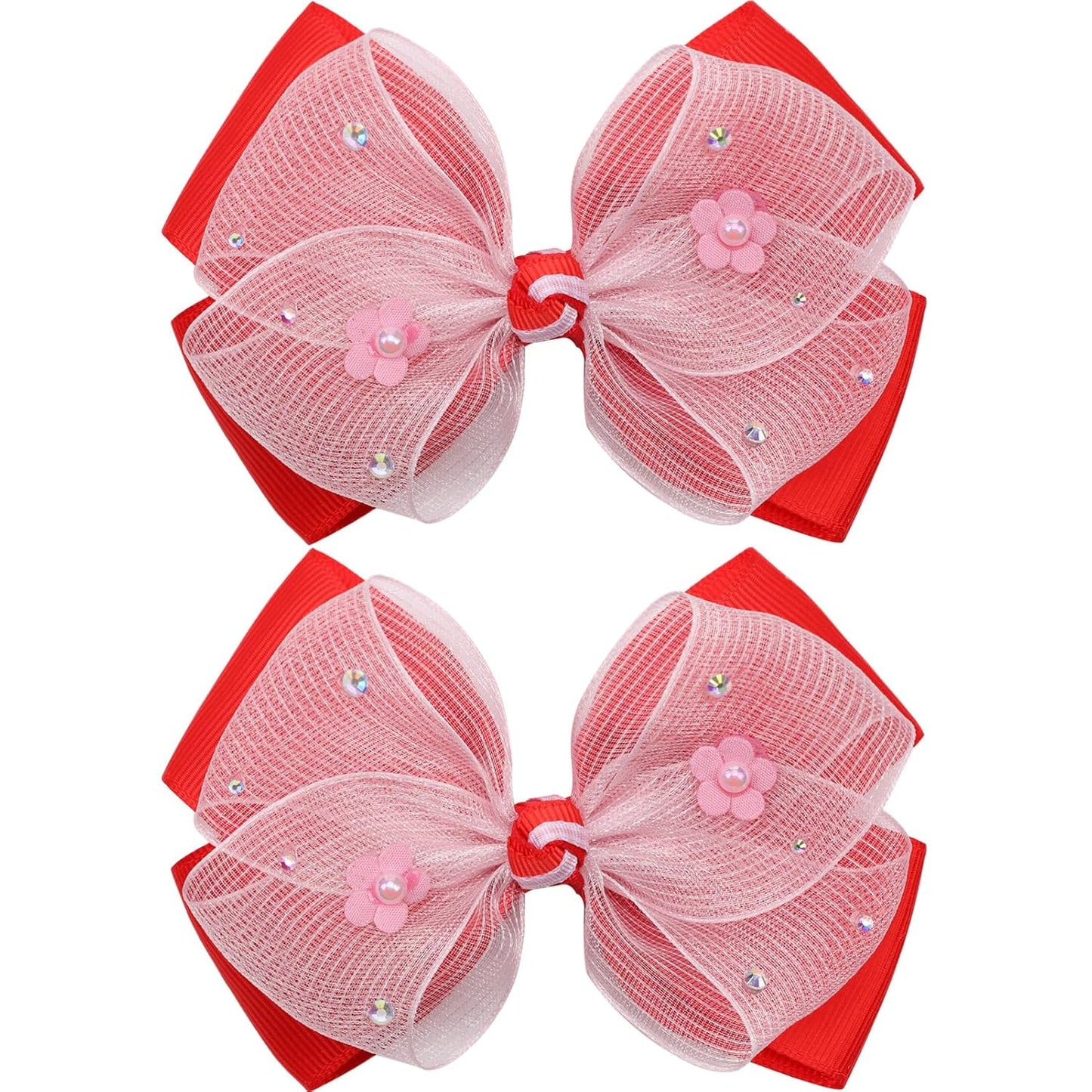 KISZU 4.5 Inch Flower Hair Bow Clips, Organza Bows with Pearls Big Hair Accessories for Baby Girls Kids Children Teens and Women (Red)