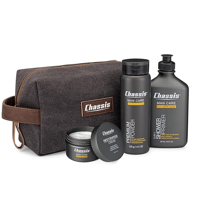 Chassis Gift Set with Flushable Foam, Premium Body Powder, and Shower Primer, Body Powder, Body Wash, and Flushable Wipe Alternative