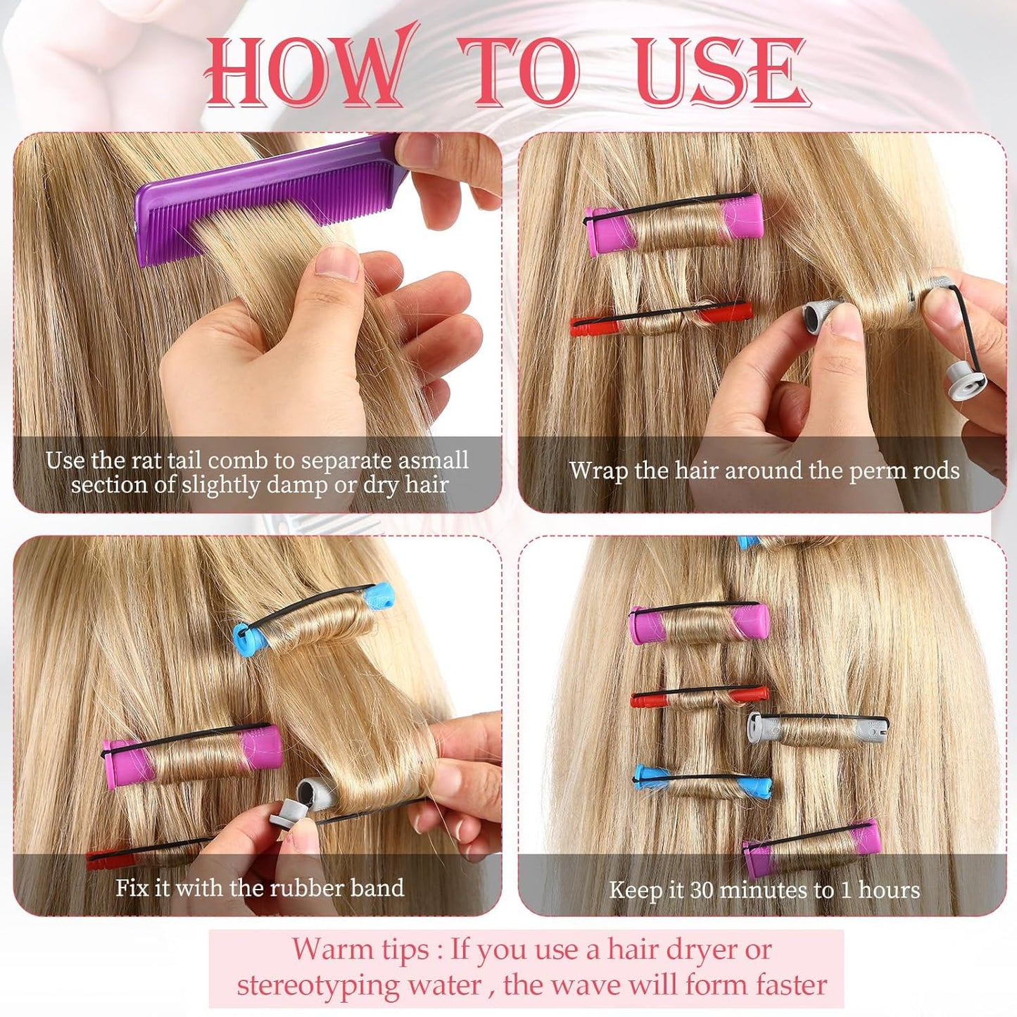 48 Pieces Hair Perm Rods Short Cold Wave Rods Plastic Perming Irons Hair Curling Rollers Curlers with Steel Pintail Comb Rat Tail Comb for Hairdressing Styling Supplies(4 Sizes,4 Colors)
