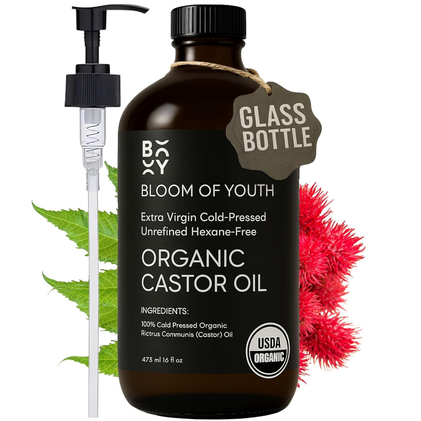 100% Pure Cold Pressed Organic Castor Oil, Glass Bottle 16oz | Hexane Free, Unrefined, USDA Certified | For Hair Growth, Skincare, Castor Oil Pack, Face, Joints, Carrier Oil, Eyelashes, Eyebrows