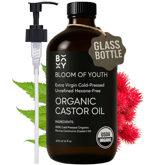 100% Pure Cold Pressed Organic Castor Oil, Glass Bottle 16oz | Hexane Free, Unrefined, USDA Certified | For Hair Growth, Skincare, Castor Oil Pack, Face, Joints, Carrier Oil, Eyelashes, Eyebrows
