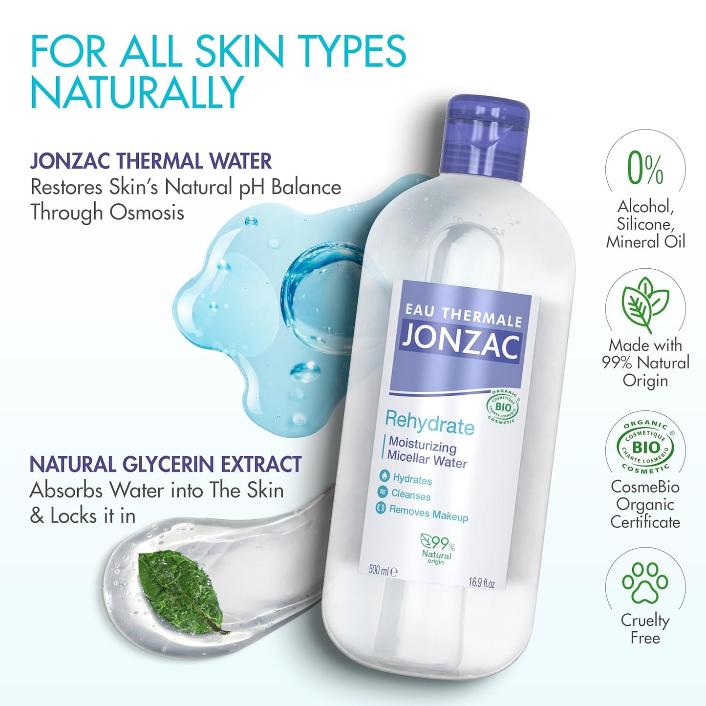 Eau Thermale Jonzac 99% Organic Micellar Water - Natural Eye & Face Makeup Remover - Hydrating With Thermal Spring Water - For Sensitive Skin - Non-Toxic - Agua Micelar Orgánica - 16.9 Fl Oz