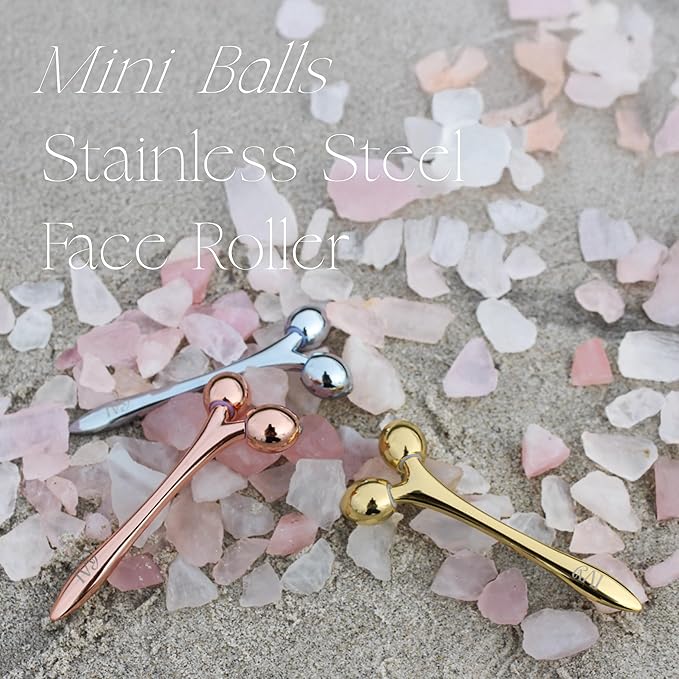 Mwein 3D Face Massage Roller – Mini Lightweight Travel-Sized Y-Shaped Stainless Steel – Jade Roller, Ice Roller, Cellulite Roller – Face Sculpting Tool (Silver)