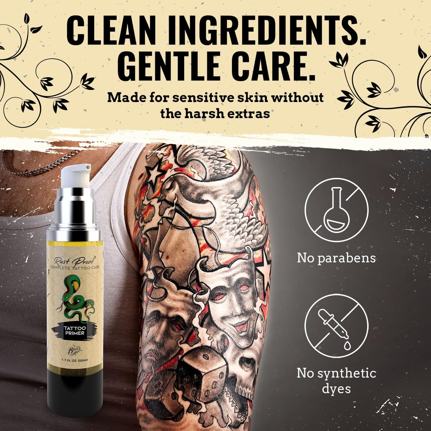 Rust Proof Tattoo Primer 1.7 Fl oz – Lightweight Body Oil Preps and Soothes Tattooed Skin – Fast-Absorbing, Non-Greasy Repair Oil with 14 Essential Oils – Supports Comfort and Skin Vitality