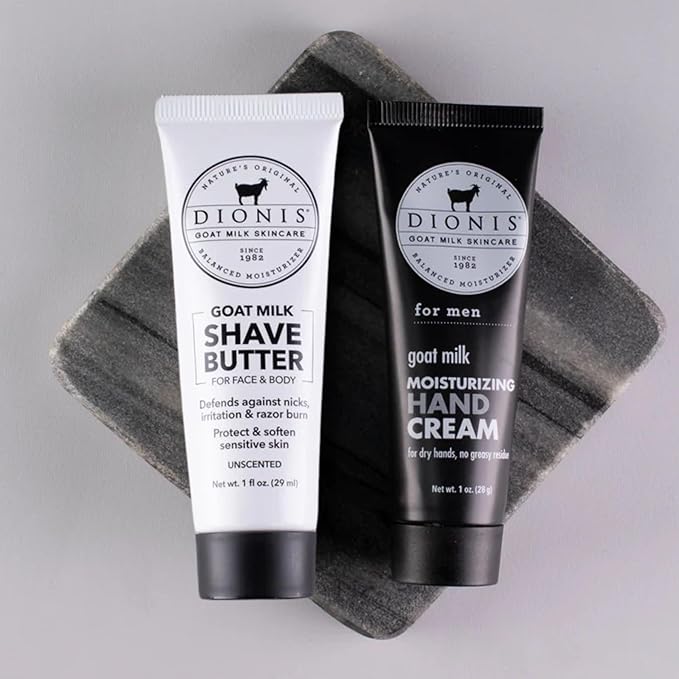 Dionis Goat Milk Skincare 5 Piece Goat Milk Travel Set for Men - Hydrating Bar Soap, Shave Butter, Hand & Body Cream - Verbena & Cream Scent, On-the-Go Grooming Essentials