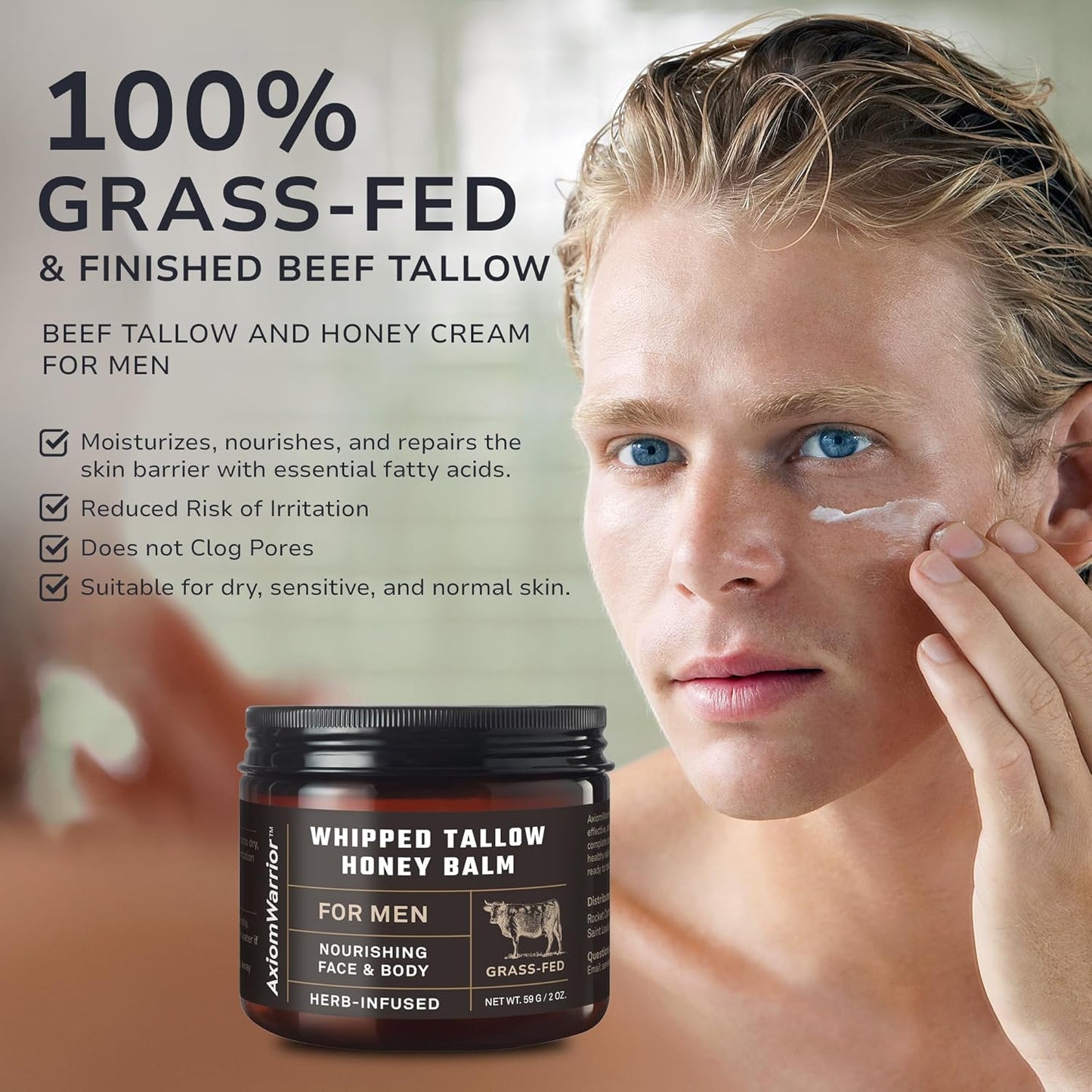 Beef Tallow and Honey Balm for Skin: Whipped Organic Beef Tallow Moisturizer Cream for Face & Body with Grass Fed & Finished - Hydrates, Nourishes & Smoothes - Sensitive, Dry Skin - 2oz