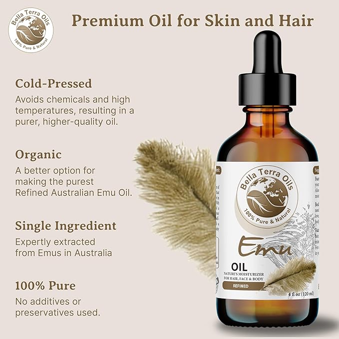 Bella Terra Oils - Emu Oil 4oz - The Ultimate Australian Emu Elixir, Packed with Essential Fatty Acids and Vitamins, Timeless Beauty's Secret Ingredient