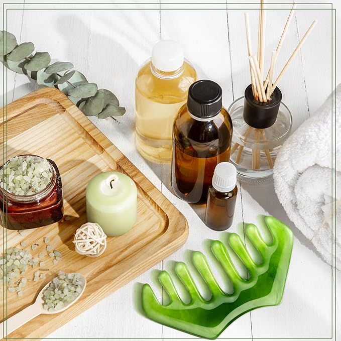 Geiserailie 2 Pieces Jade Combs Massage Stone Hair Gua Sha Scraping Scalp Comb Facial Massage Tool Multifunctional Handheld Head Tools Head Caring Therapy Mother's Day Gift (Dark Green Style)