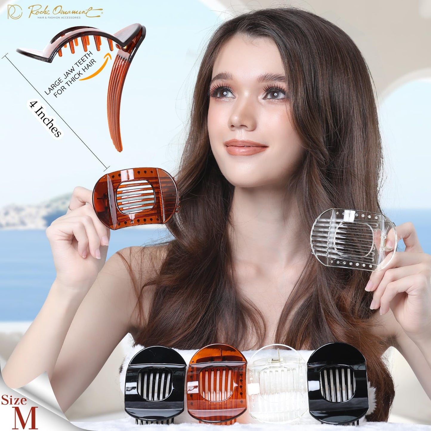 RC ROCHE 6 Pcs Flat Claw Hair Clips for Women Thick Hair French Round Duckbill Square Secure Strong Hold Grip Clamps Barrettes Curved No Slip No Crease Styling Cute, Medium Black, Brown & Transparent