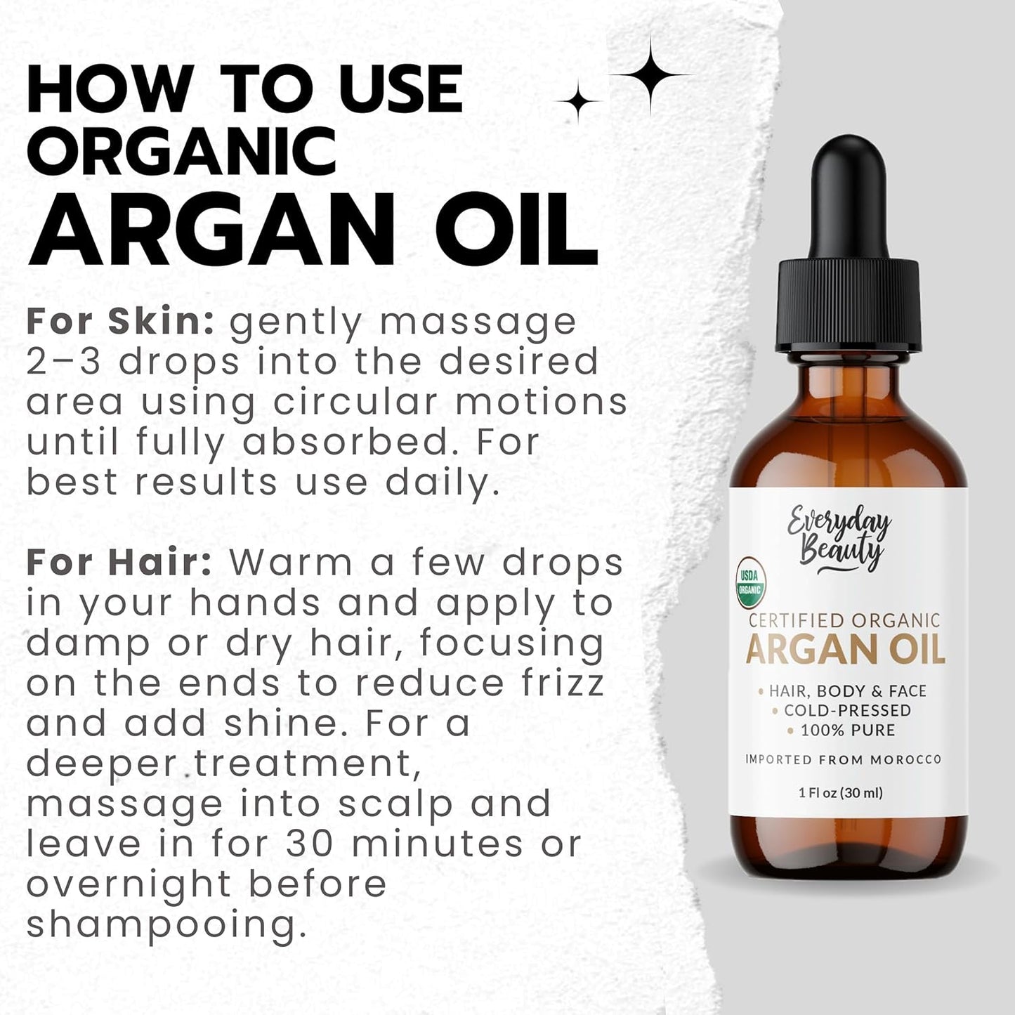 Organic Argan Oil | 100% Pure, Cold-Pressed, Unrefined | USDA Certified Organic | Amber Glass Bottle with Glass Dropper | For Hair, Face & Skin - 1 Fl Oz
