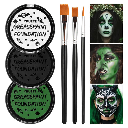 Green White Black Oil Based Face Paint Kit with Painting Brushes, Professional Greasepaint Halloween Face Painting Kit for Adult Cosplay Hulk Witch Shrek Grinch Makeup Costume Party