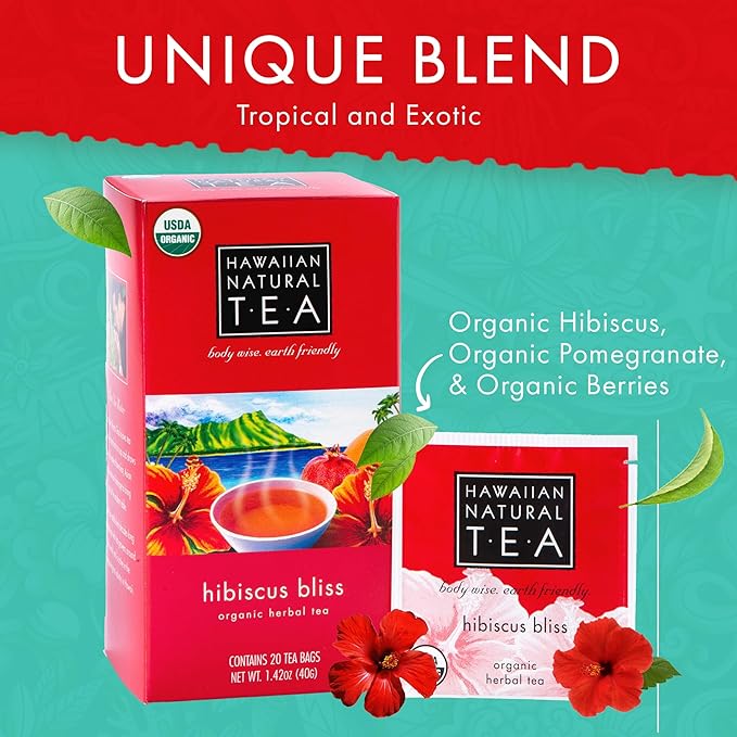 Hawaiian Natural Tea Hibiscus Flavored Organic Herbal Tea - Caffeine Free All Natural For Wellness, Perfect Daily Cup & Gift - 120 Bags
