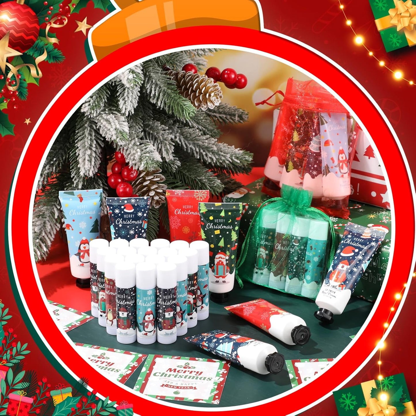 60 Set Christmas Hand Cream Gift Set, Including Moisturizing Christmas Hand Lotion, Xmas Lip Balm, Gauze Bags, Thank You Cards Natural Fragrant Xmas Hand Cream with Lip Balm Christmas Gifts