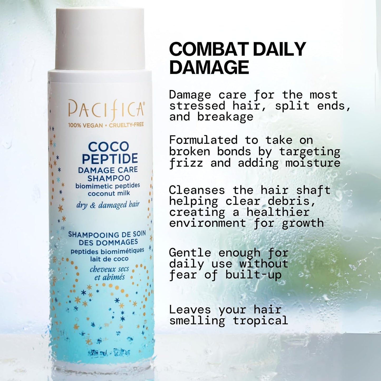 Pacifica Coco Peptide Damage Care Shampoo – Repairing Sulfate-Free Shampoo for Damaged Hair, Split Ends & Breakage, w/Collagen & Peptides Silicone-Free Clean Vegan & Cruelty-Free Dermatologist Tested