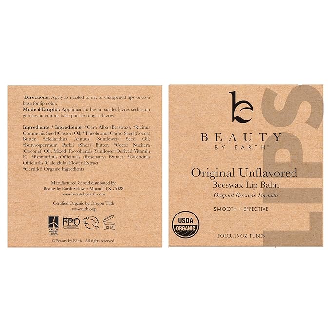 USDA Organic Lip Balm - USA Made with Natural Ingredients, 4 Pack Unflavored Chapstick for Dry Lips, Birthday Gifts for Her & Him, Lip Balm Hydrating Beauty Gifts, Lip Moisturizer, Mens Gift Ideas